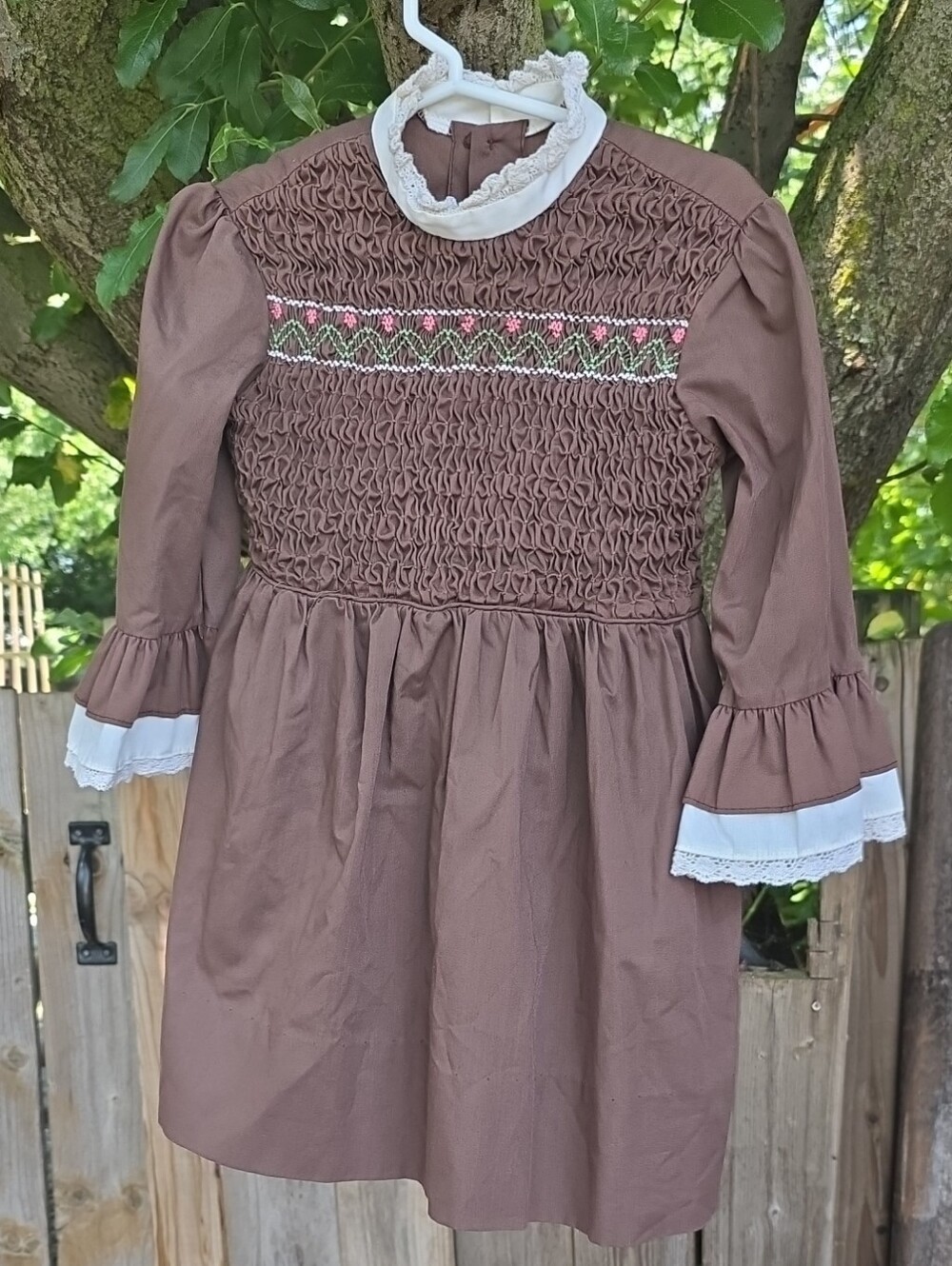 Smocked Brown Girls' Formal Dress with White Lace Collar